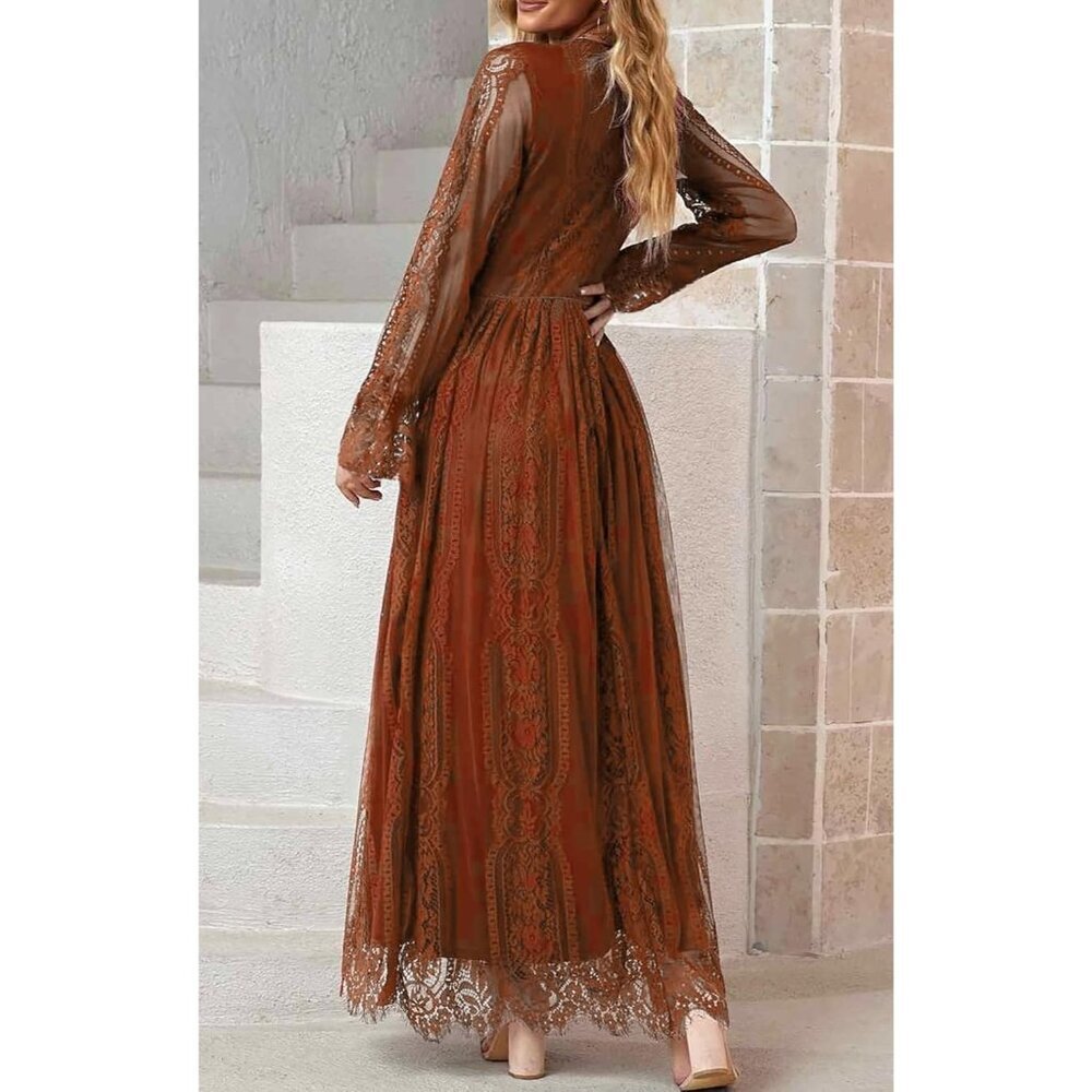 Women's Rust Long Sleeve Off The Shoulder Floral Lace Wedding Long Dress Maxi - Picture 2 of 3